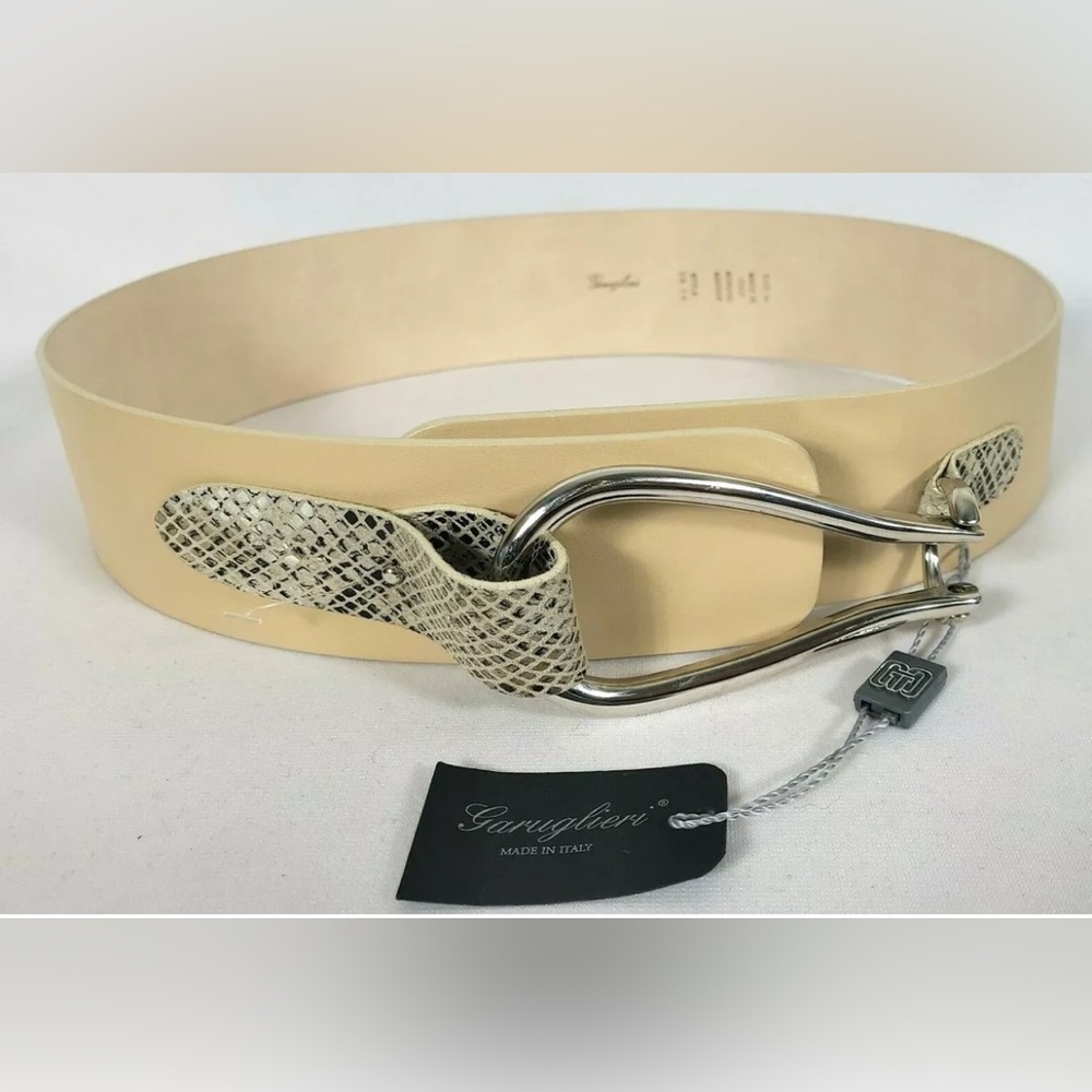 Genuine Leather Garuglieri Wide Belt, Size Medium, Beige